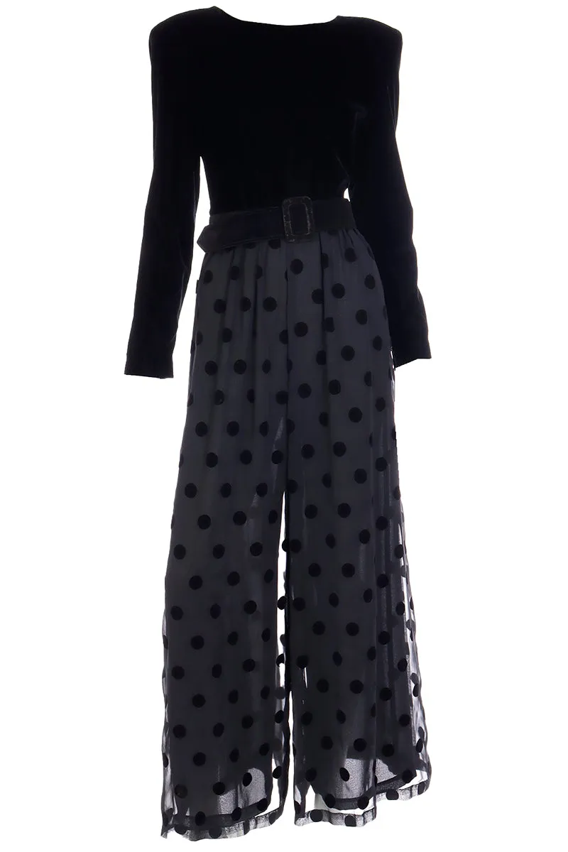 1990s Dennis Goldsmith Vintage Black Velvet & Polka Dot Chiffon Jumpsuit