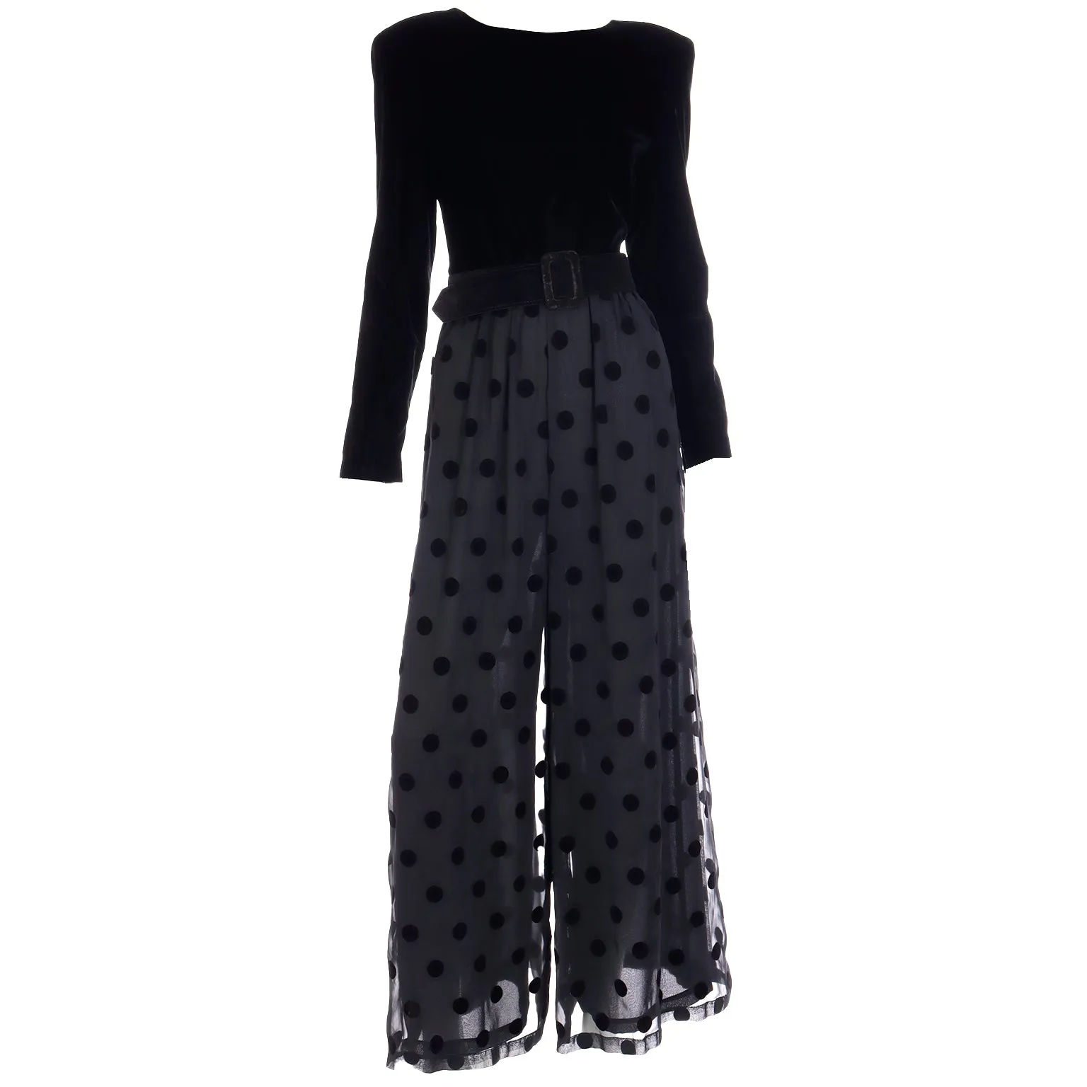 1990s Dennis Goldsmith Vintage Black Velvet & Polka Dot Chiffon Jumpsuit