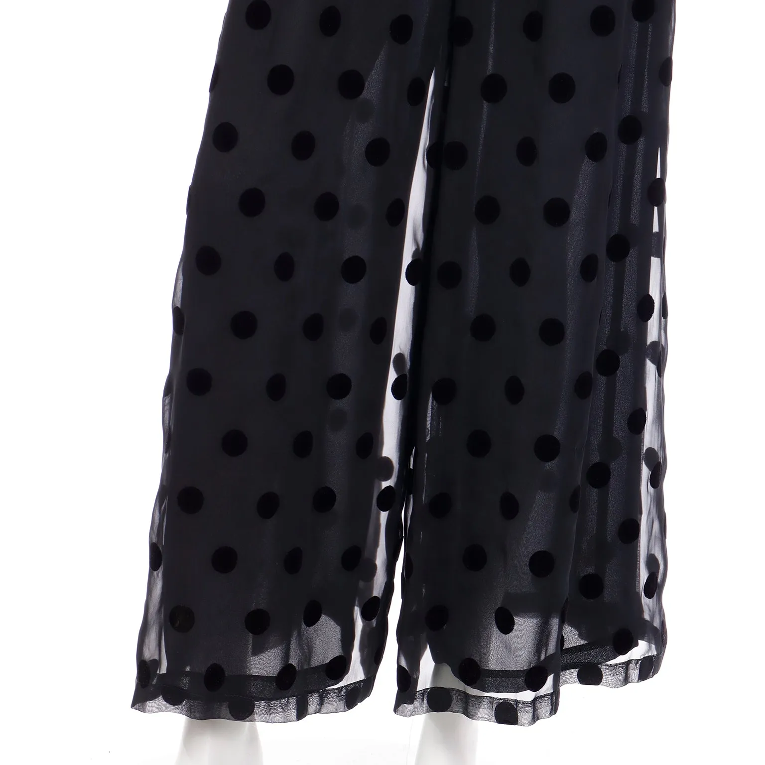 1990s Dennis Goldsmith Vintage Black Velvet & Polka Dot Chiffon Jumpsuit