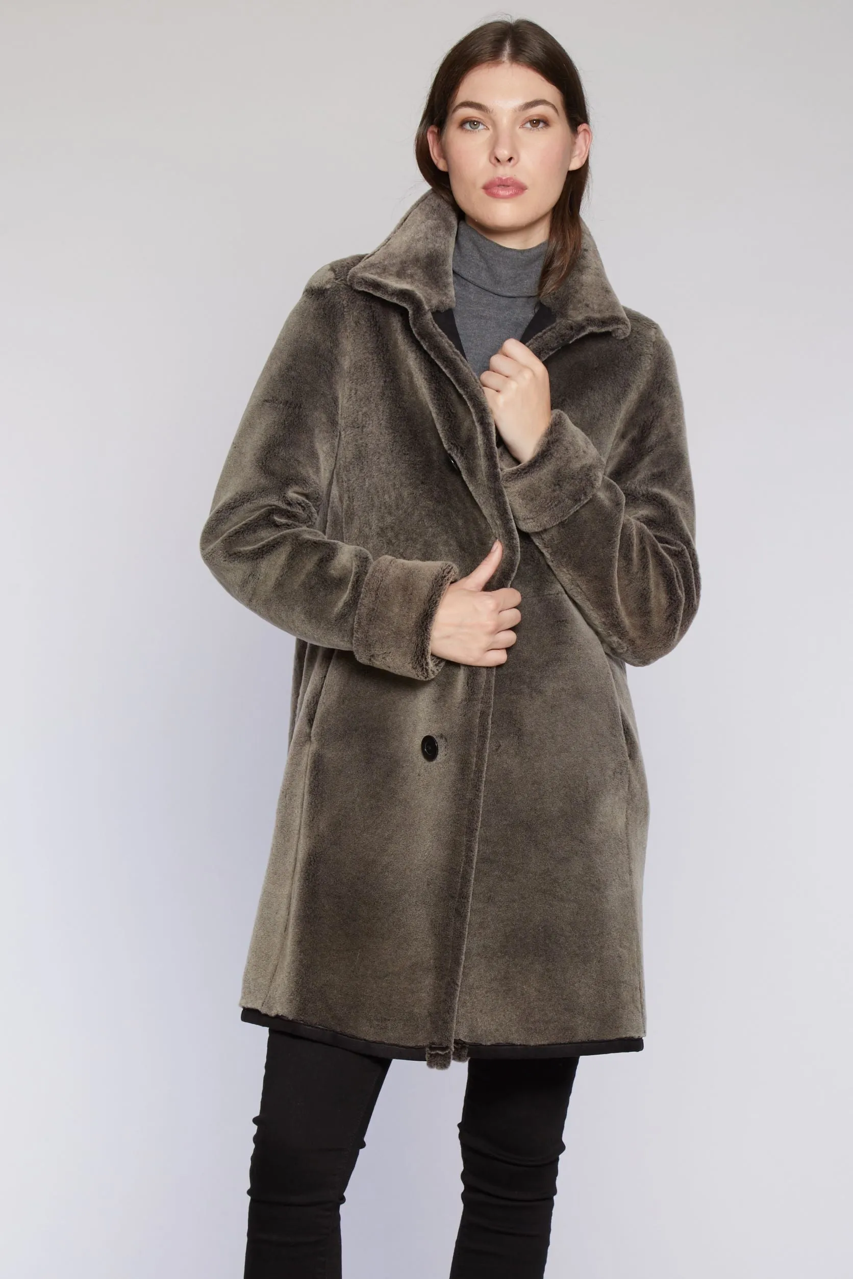 #6160 Reversible Spanish Merino Shearling Coat shown in "soft black"