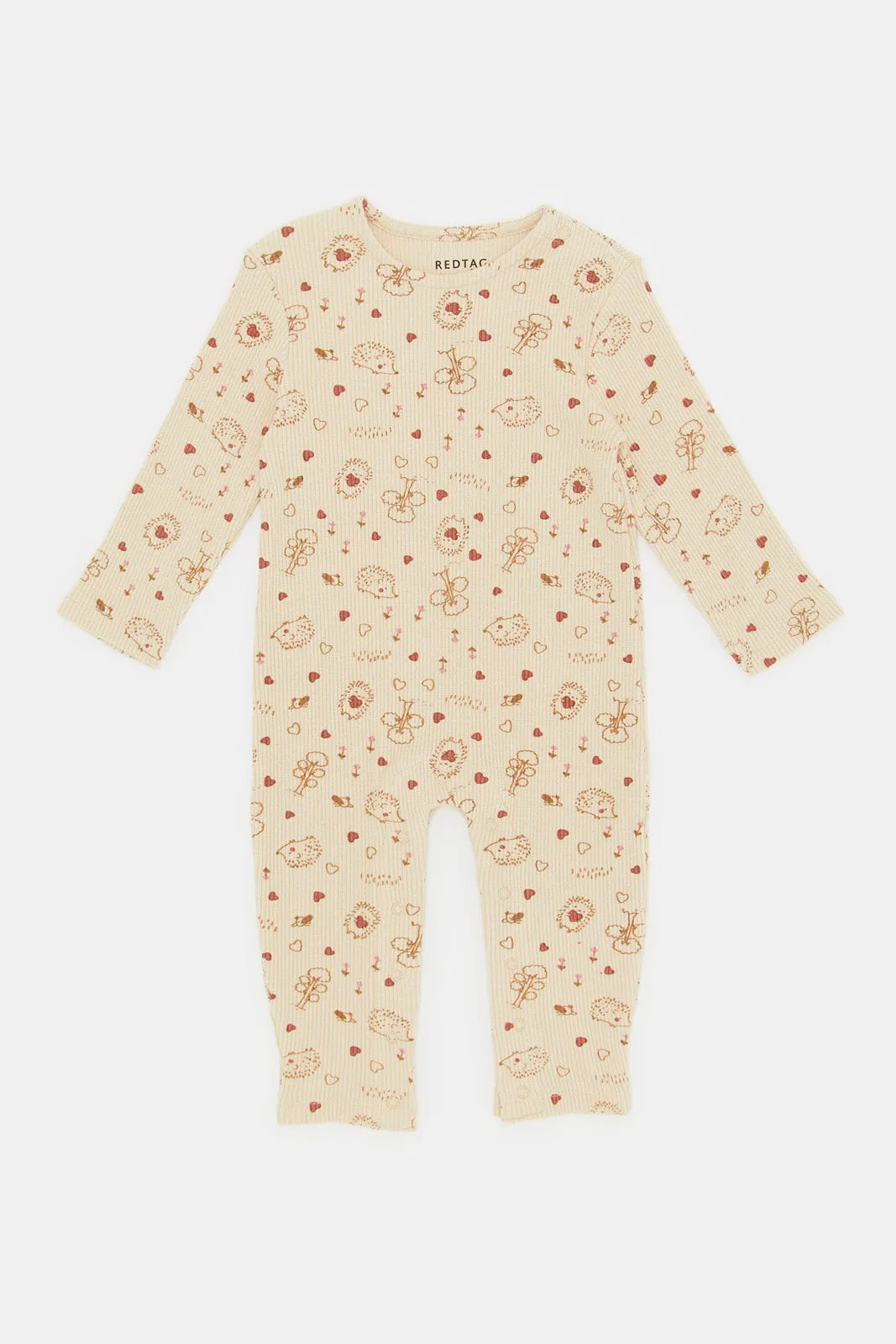 Babies Beige Printed Textured Fleece Romper