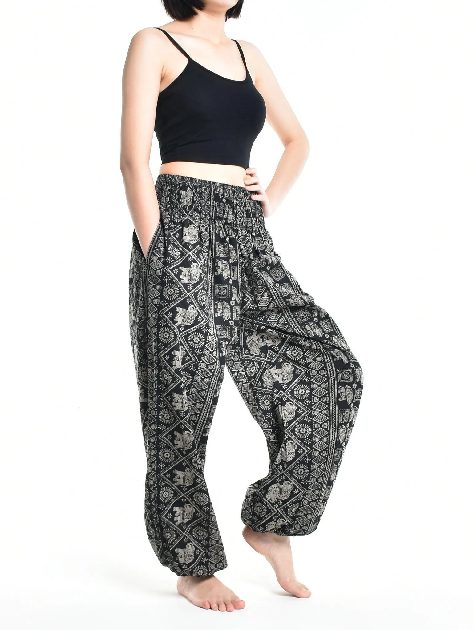 Bohotusk Womens Autumn Black Elephant Print Cotton Harem Pants S/M to