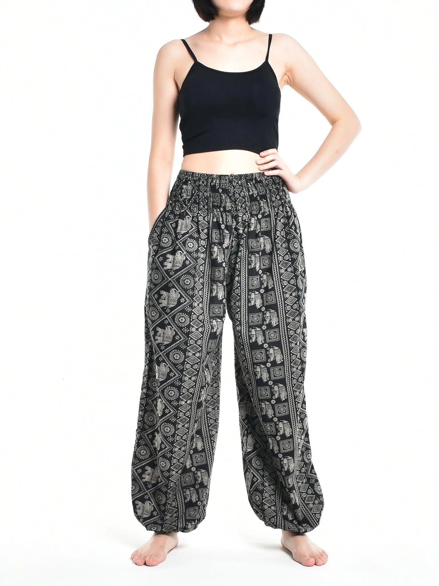 Bohotusk Womens Autumn Black Elephant Print Cotton Harem Pants S/M to