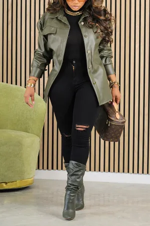 Chic PU Drop Shoulder Single Breasted Jacket