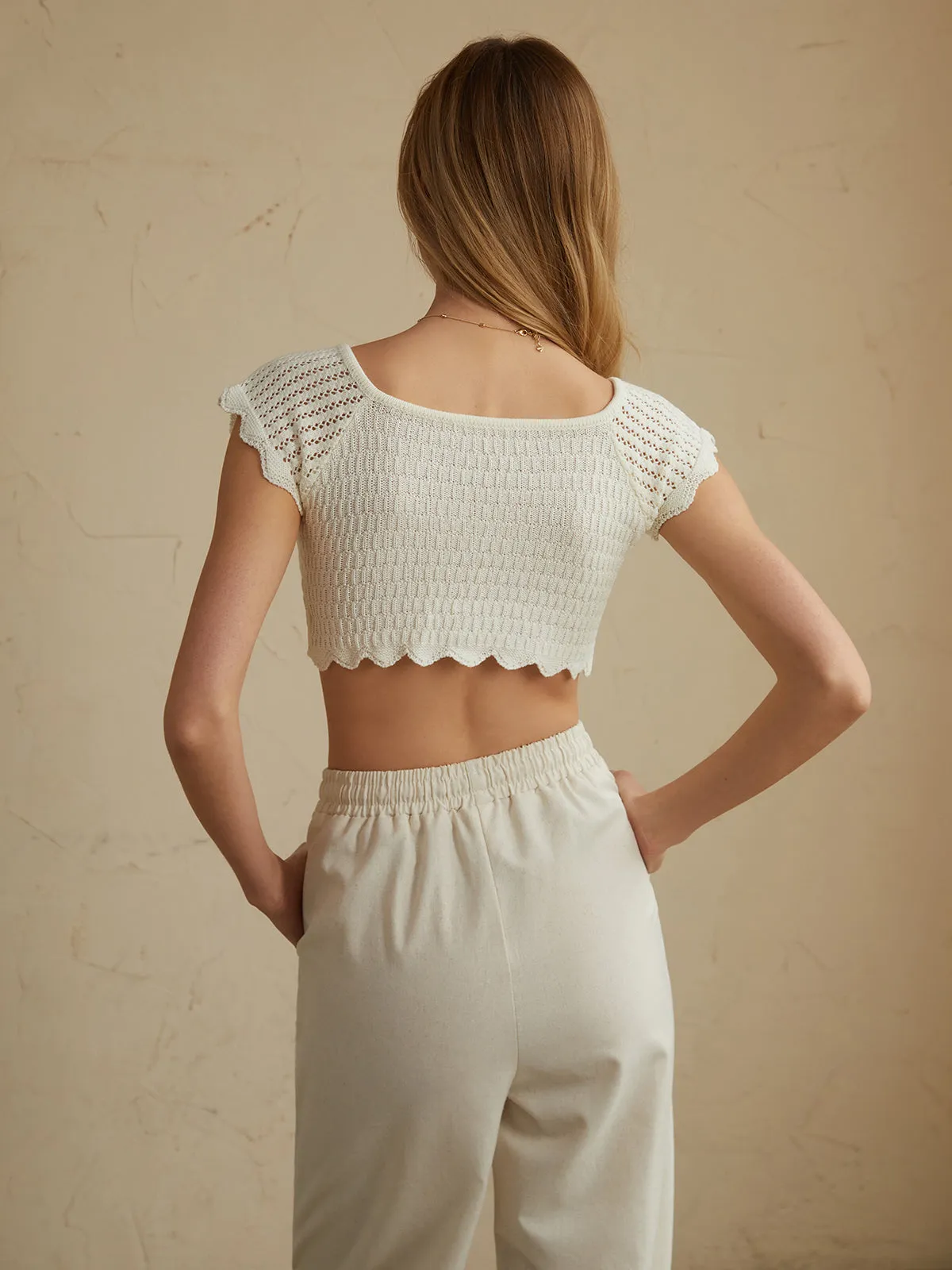 Cotton Eyelet Lettuce Trendy Trim Crop Knit Top