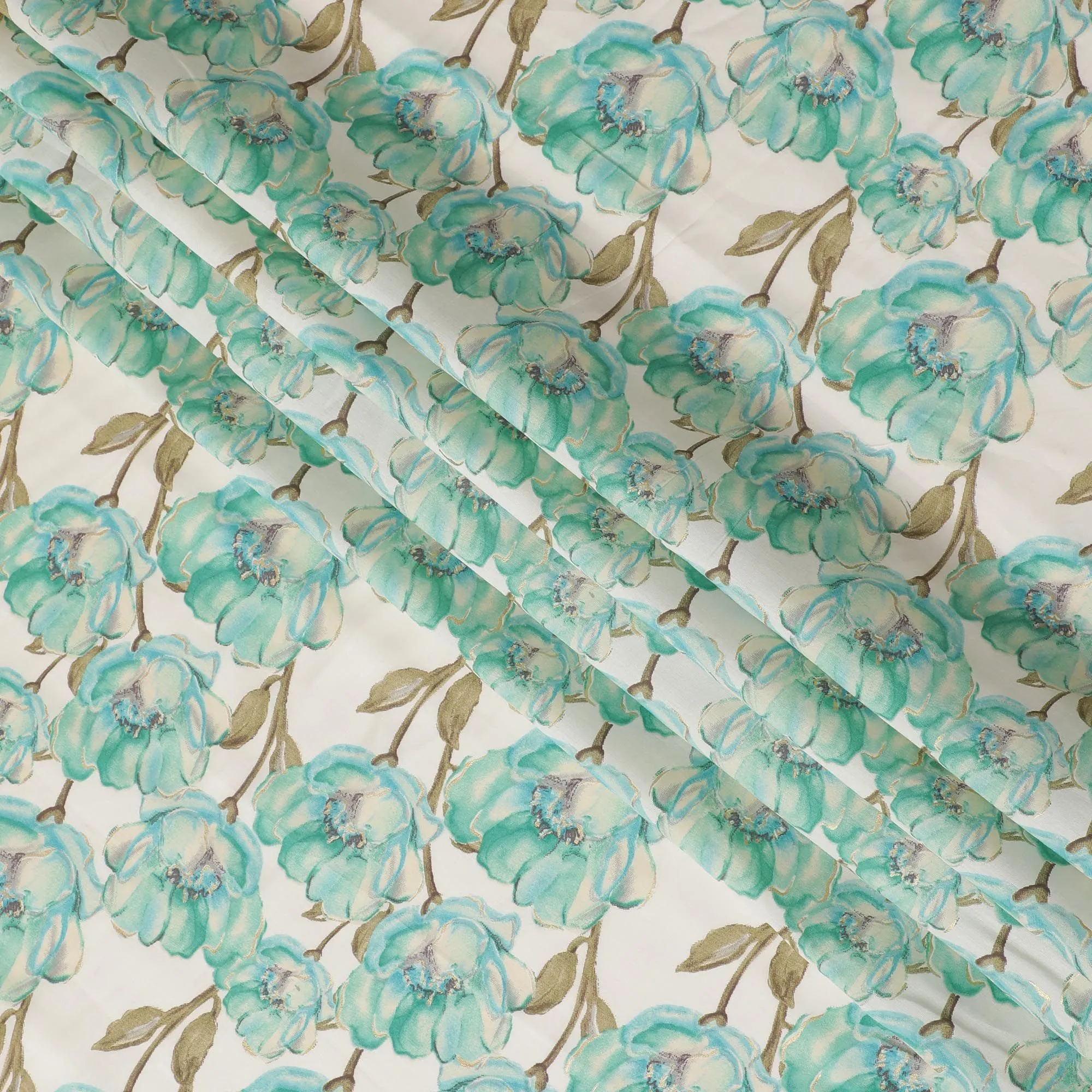 Cream Synthetic blended  cotton fabric with turquoise green, olive green and gold foil print having gold foil in floral design-D16731