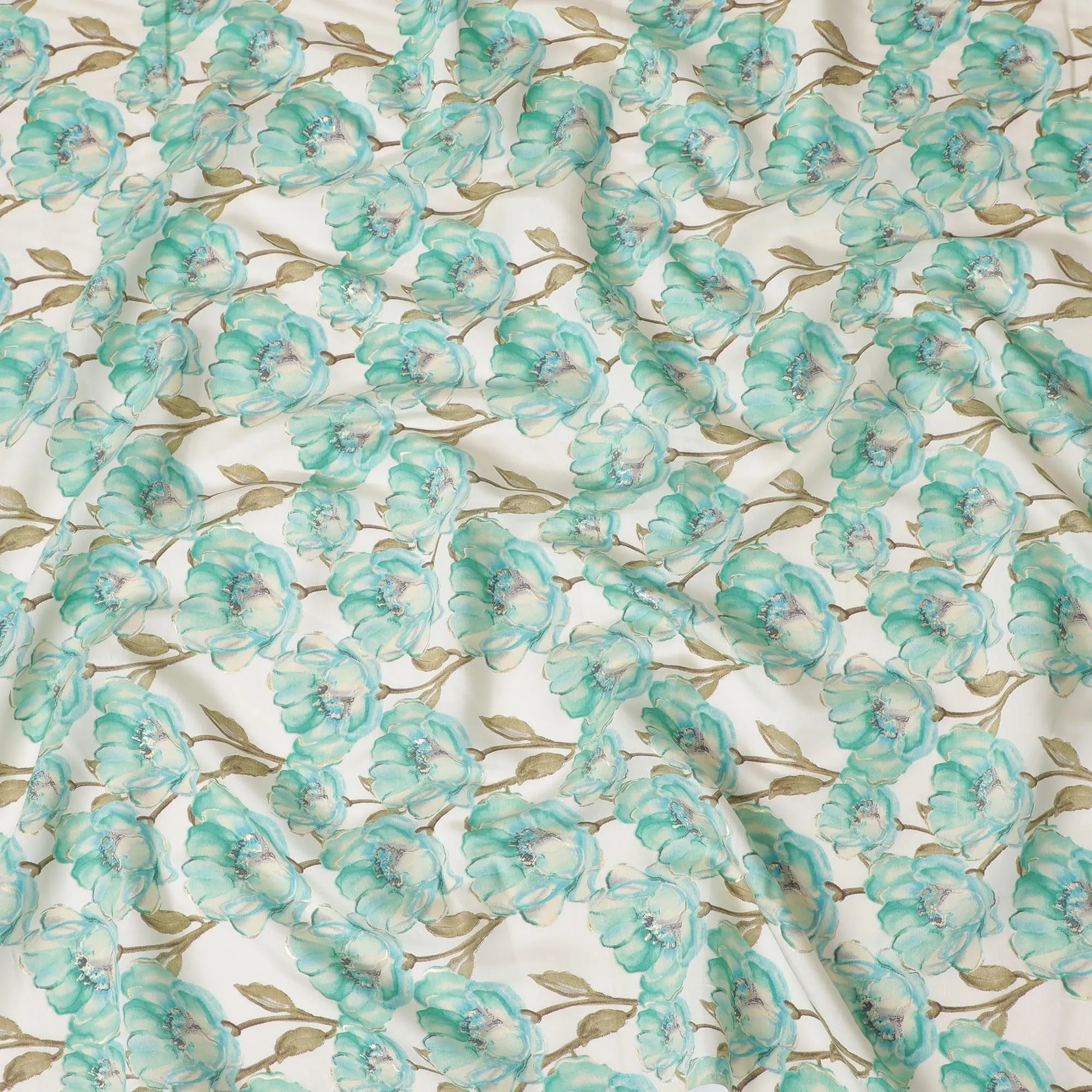 Cream Synthetic blended  cotton fabric with turquoise green, olive green and gold foil print having gold foil in floral design-D16731