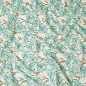 Cream Synthetic blended  cotton fabric with turquoise green, olive green and gold foil print having gold foil in floral design-D16731