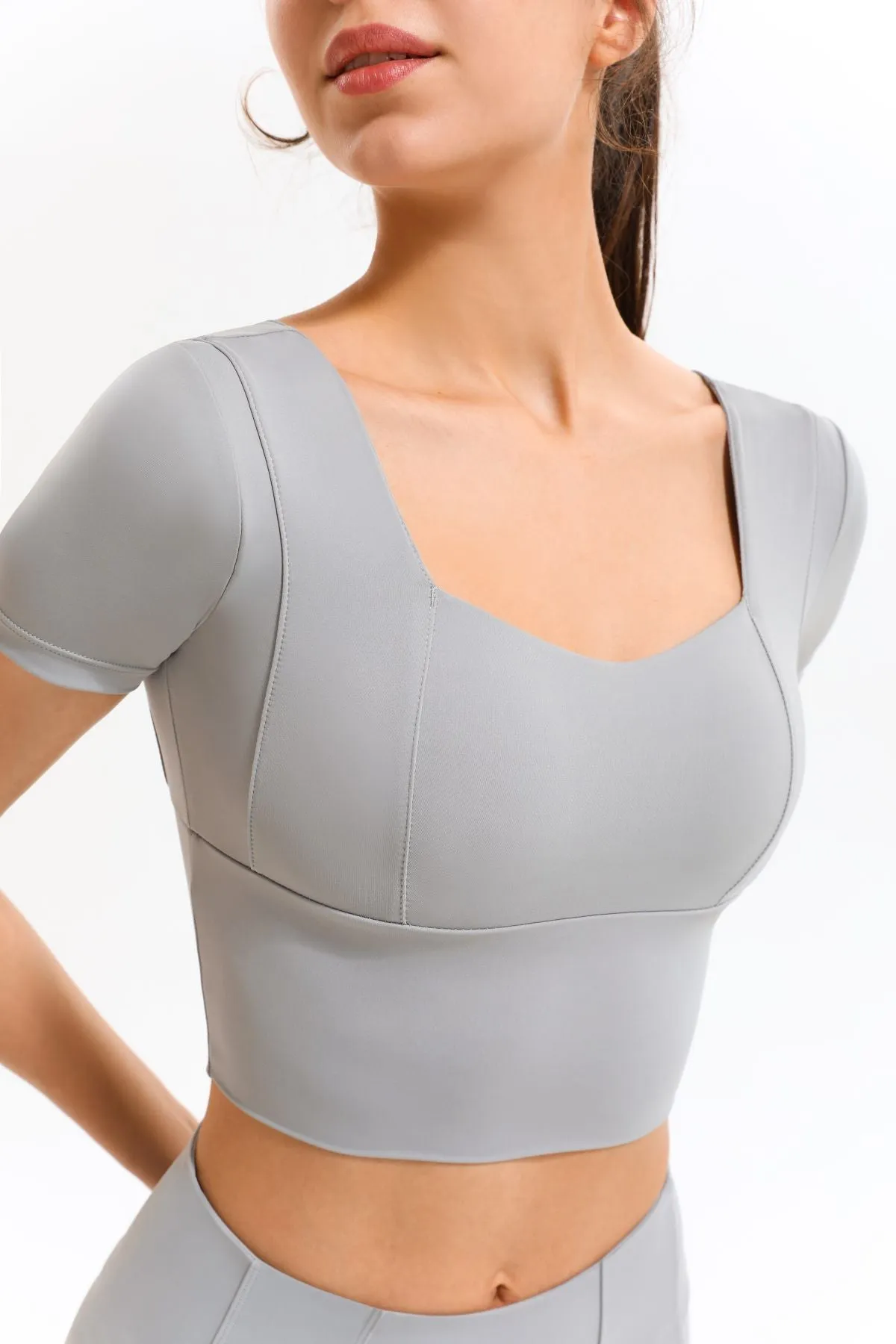 Cropped Short Sleeve Shirts Built-in Bra