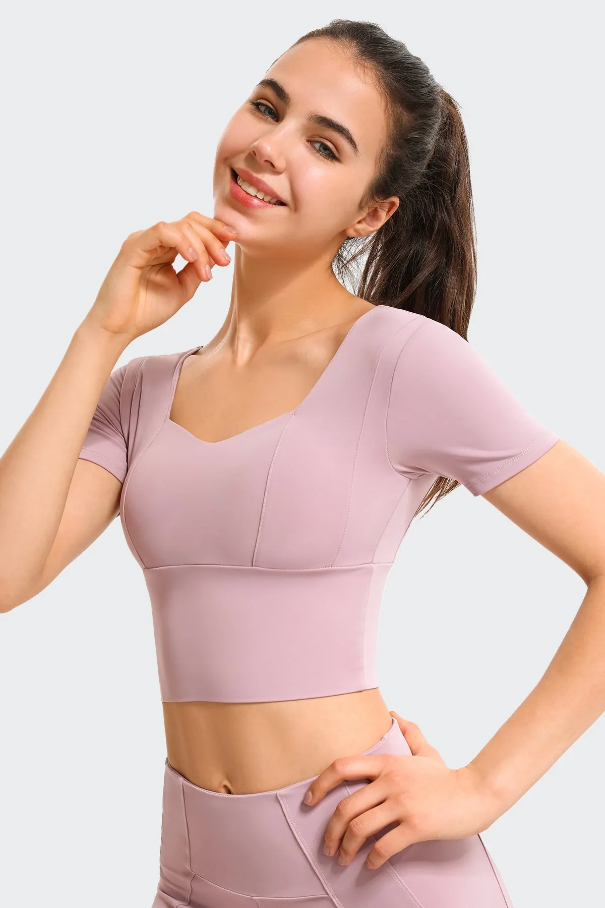 Cropped Short Sleeve Shirts Built-in Bra