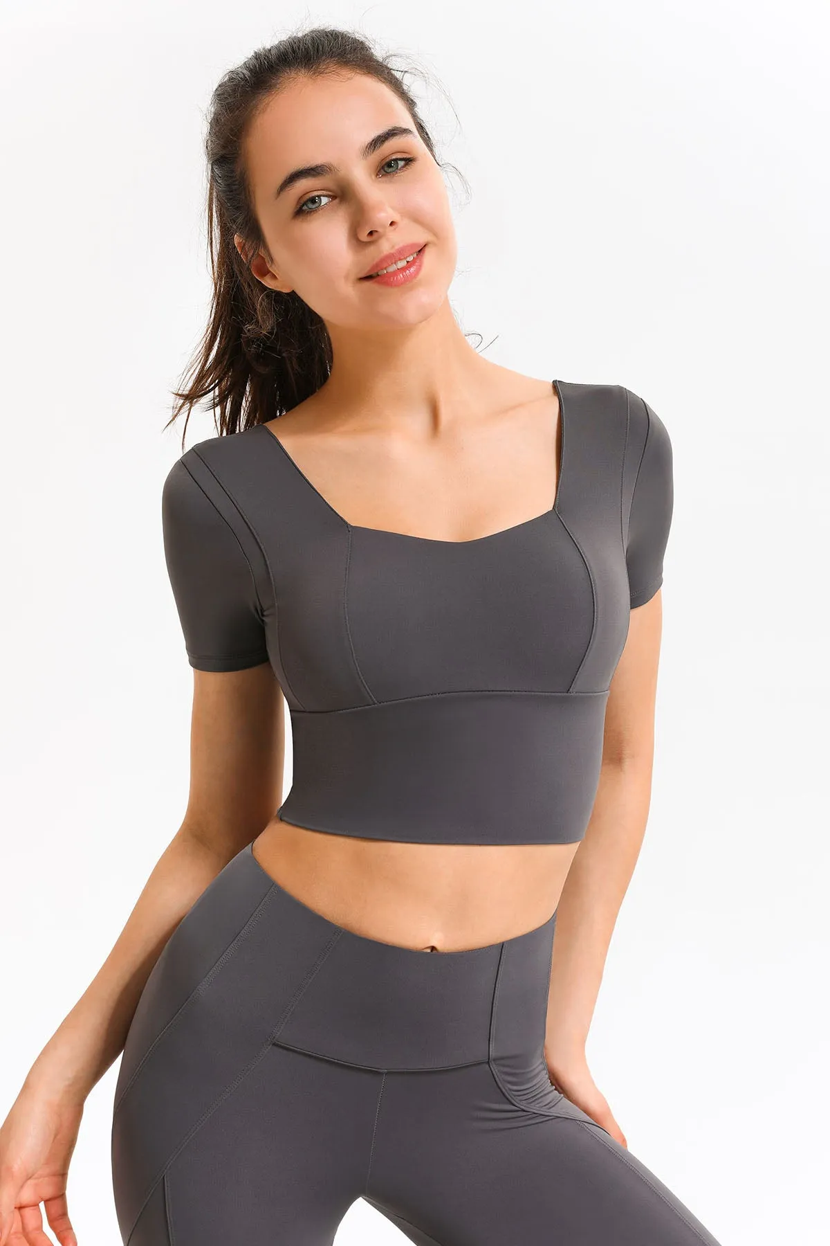 Cropped Short Sleeve Shirts Built-in Bra