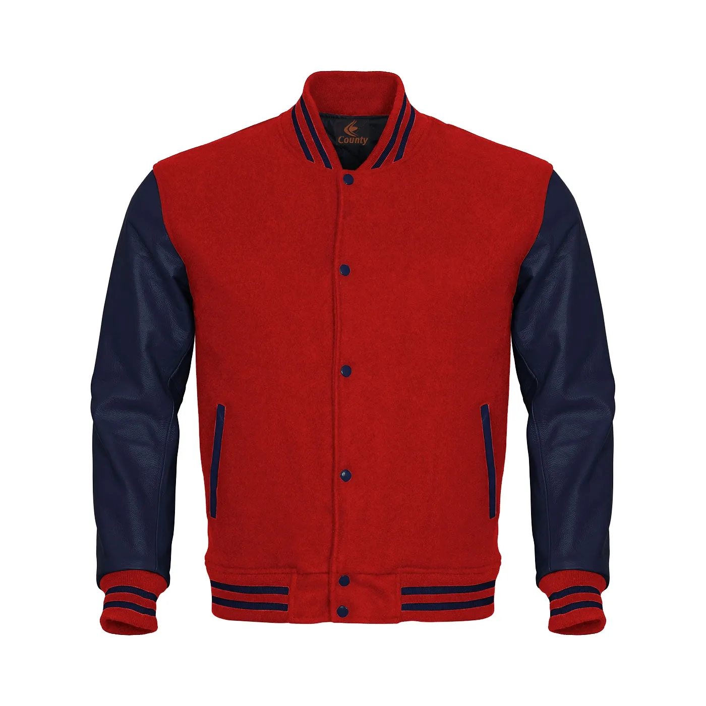 Custom Varsity Jackets Red Body and Navy Blue Leather Sleeves Varsity Jacket