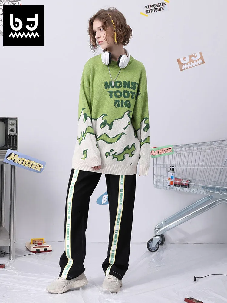 Fade color letter flame jacquard drop cuff crew neck pullover sweater