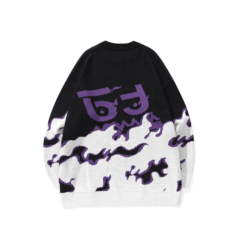 Fade color letter flame jacquard drop cuff crew neck pullover sweater