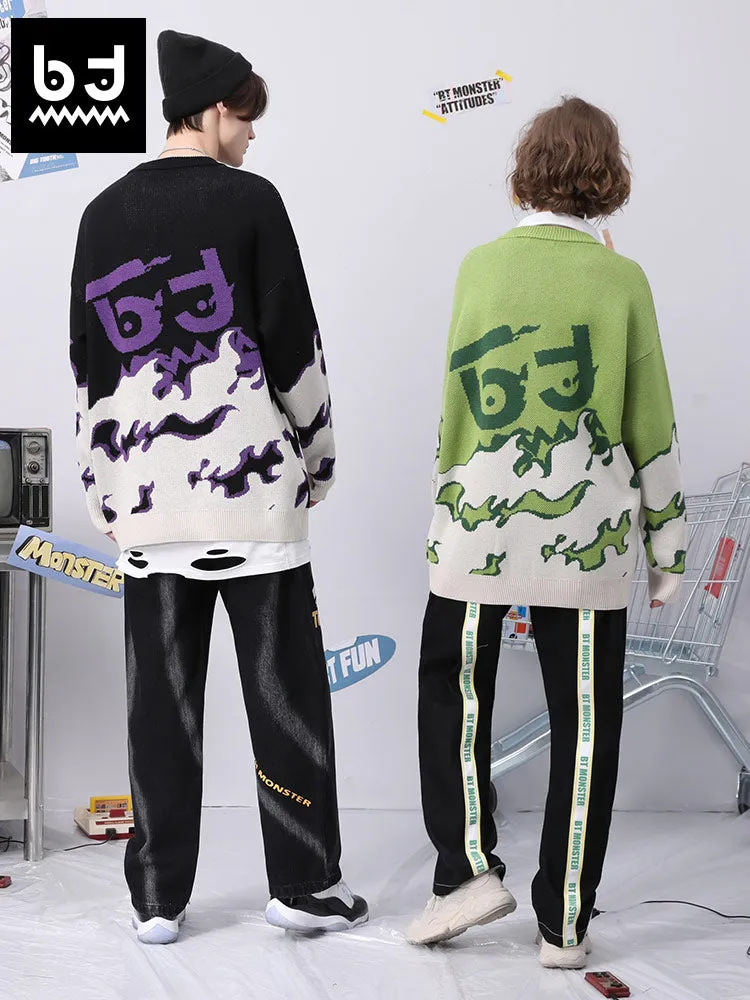 Fade color letter flame jacquard drop cuff crew neck pullover sweater