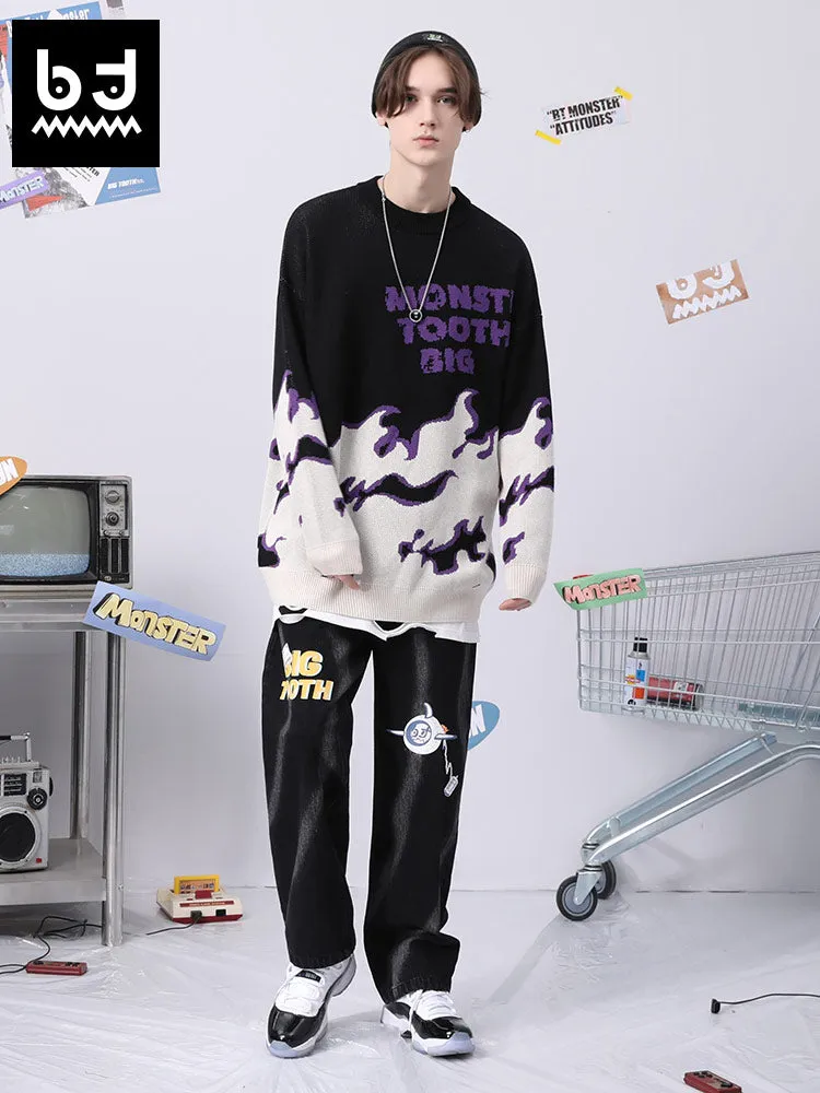 Fade color letter flame jacquard drop cuff crew neck pullover sweater