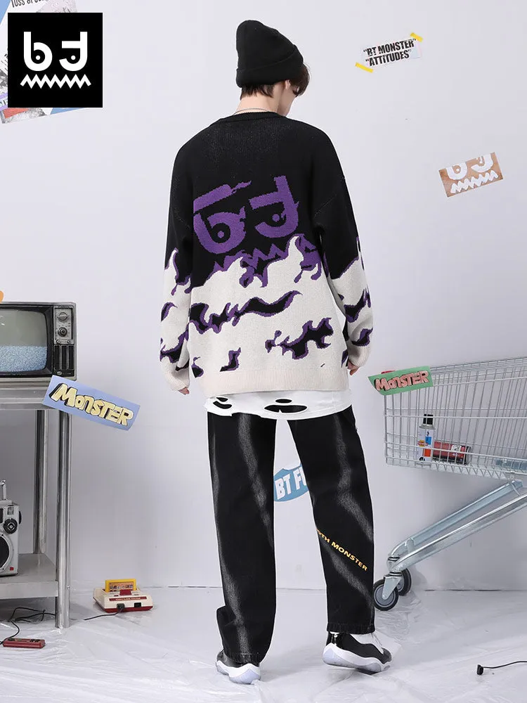 Fade color letter flame jacquard drop cuff crew neck pullover sweater