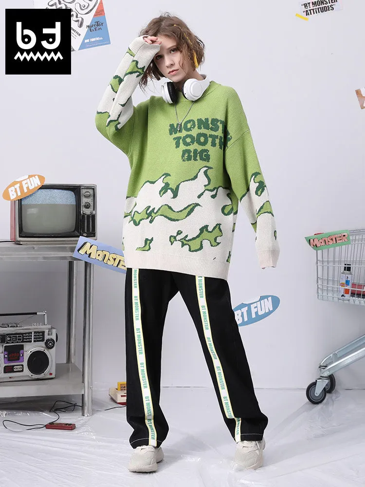 Fade color letter flame jacquard drop cuff crew neck pullover sweater