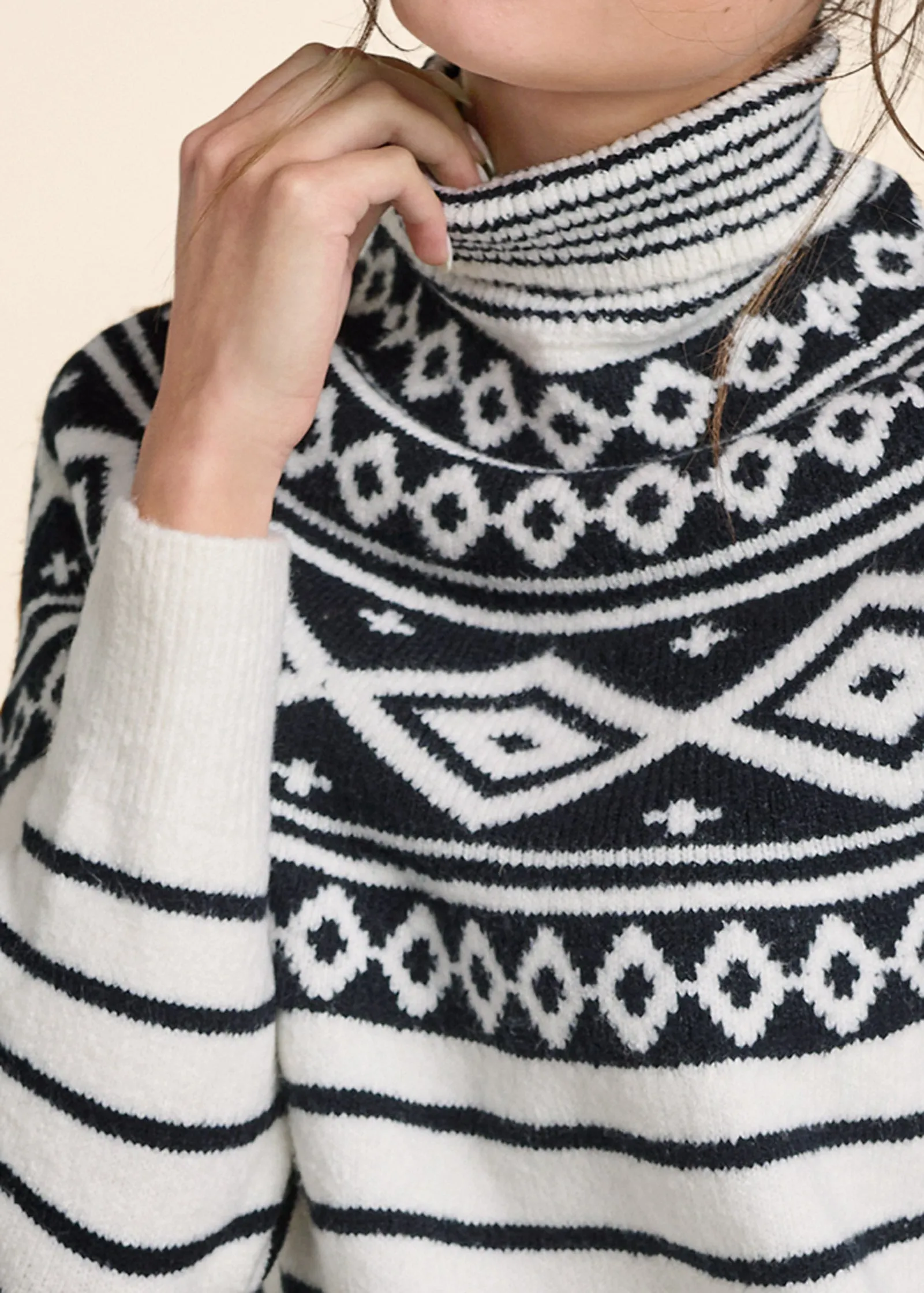 Fair Isle Turtleneck Sweater - White & Black