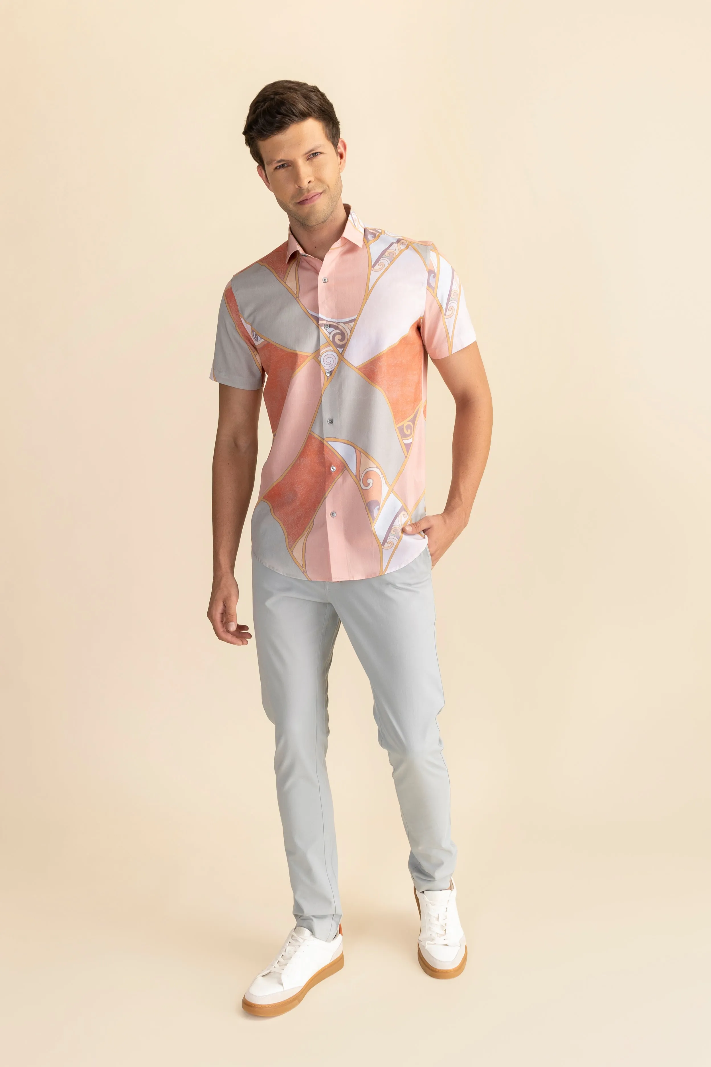 Half Sleeves Peach Print Shirt EOSS