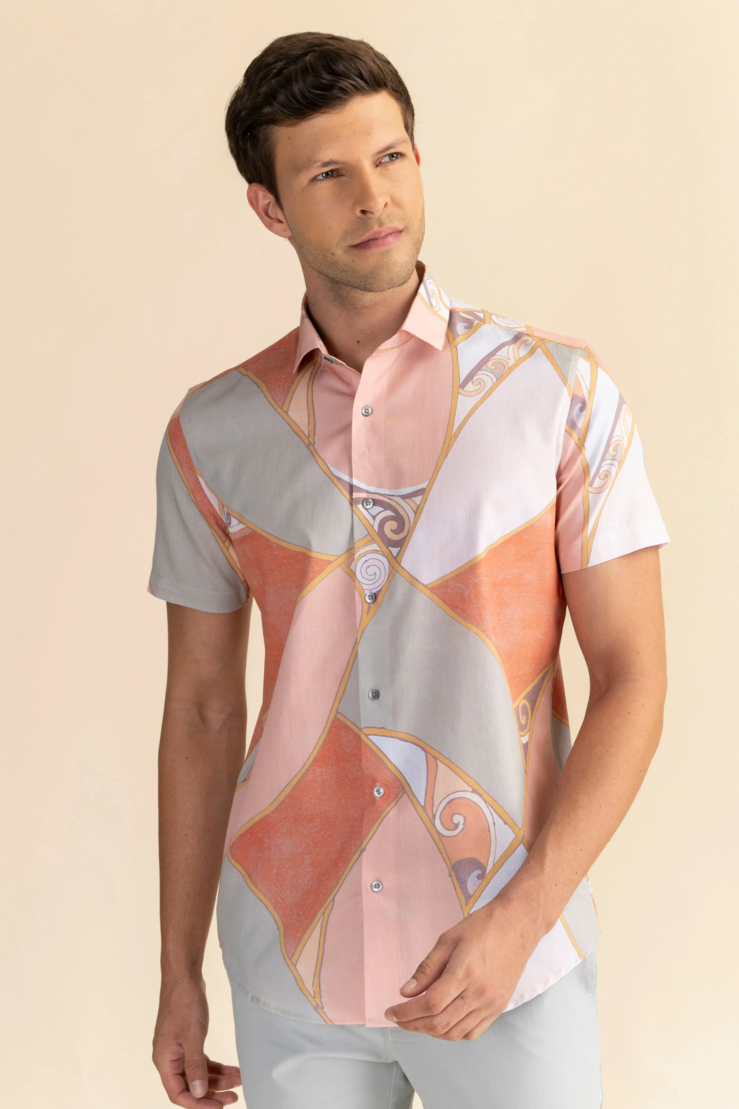 Half Sleeves Peach Print Shirt EOSS