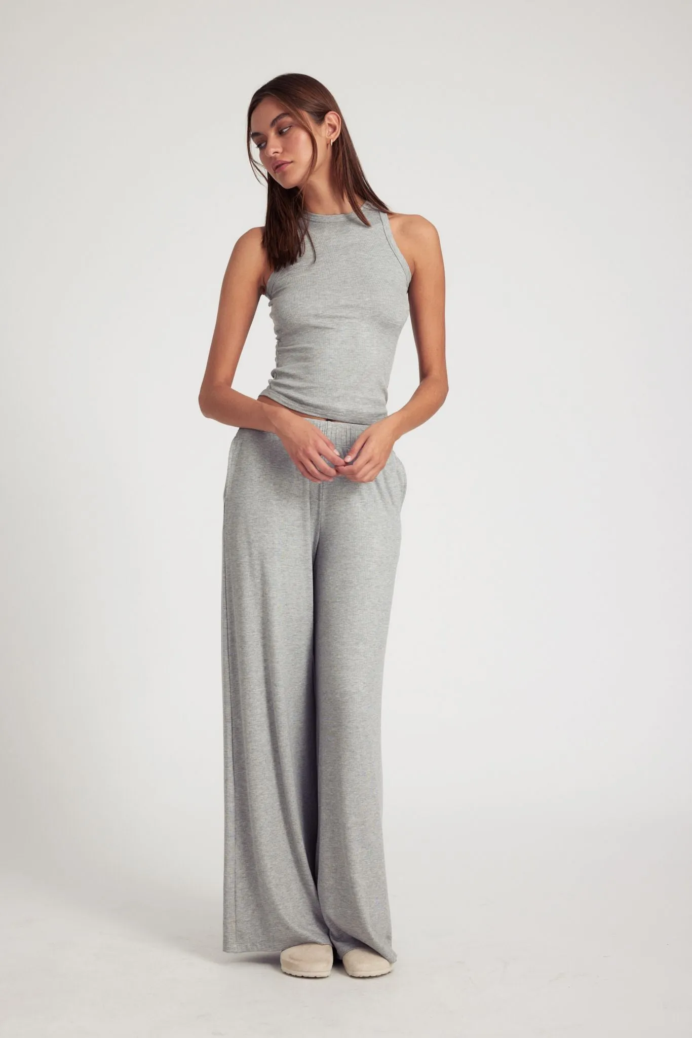 Heather Grey Rib Wide Leg Pants