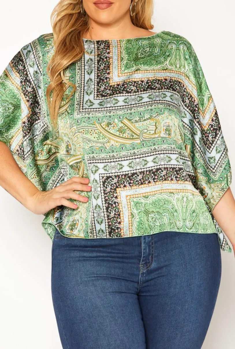 HI Curvy Plus Size Women Paisley Print Dolman Sleeve Shirts