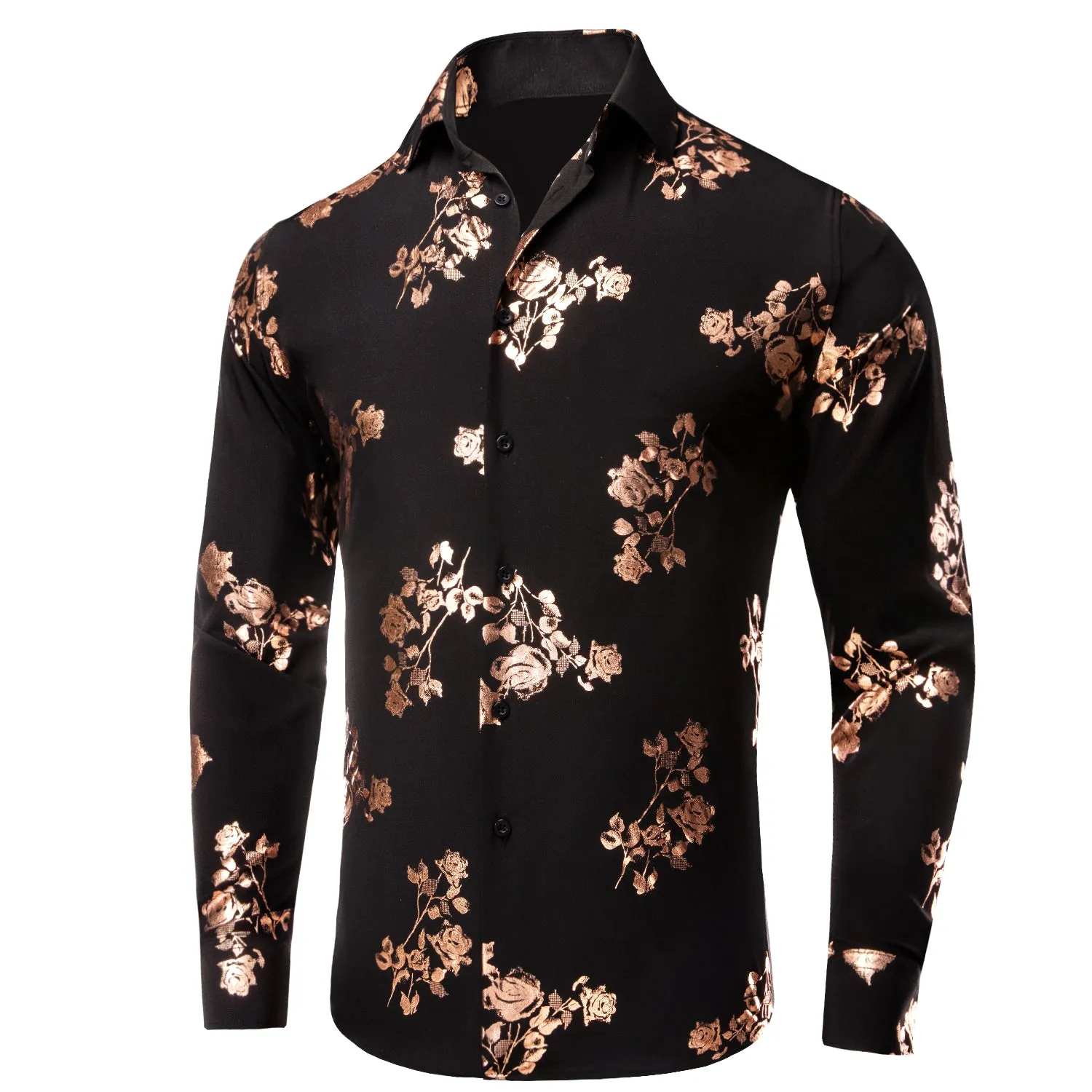 Hi-Tie Black Floral Top Rose Gold Floral Silk Men's Long Sleeve Shirt