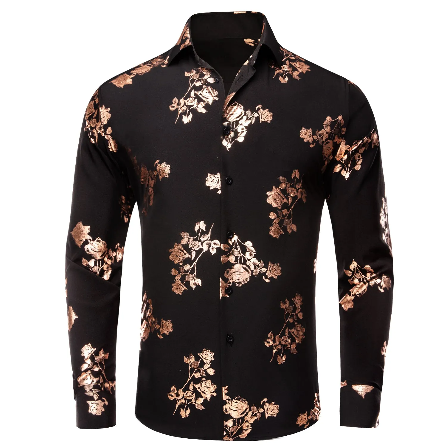 Hi-Tie Black Floral Top Rose Gold Floral Silk Men's Long Sleeve Shirt