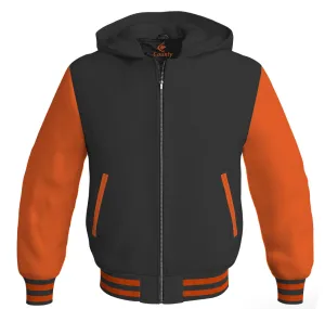 Hoodies For Men Black Body and Orange Leather Sleeves Varsity Hoodie