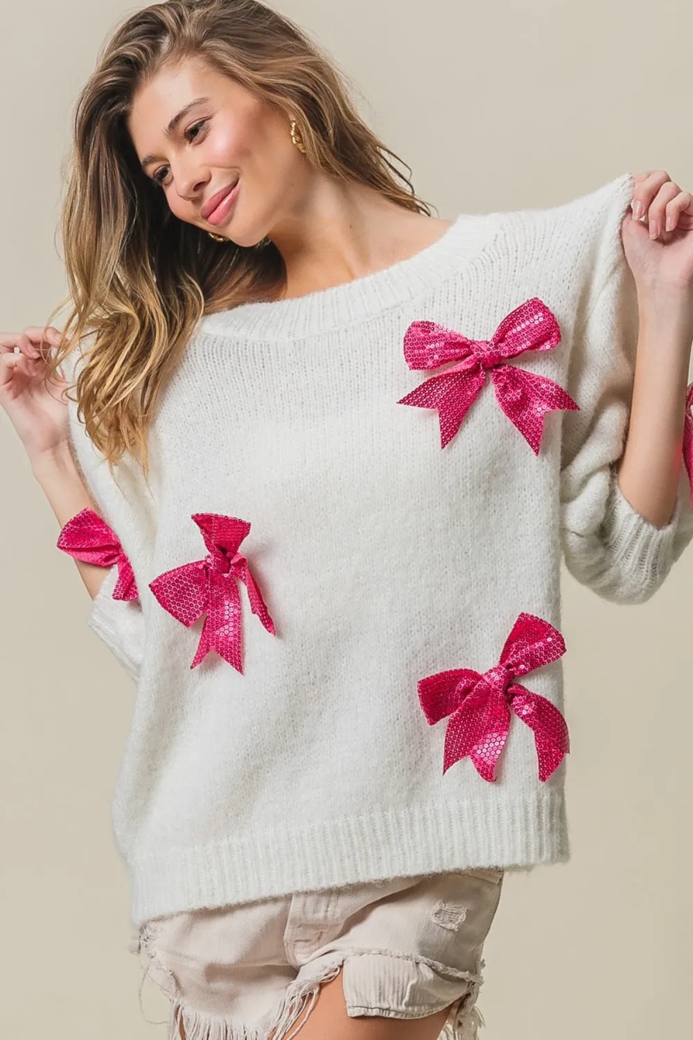 KELEY Pink and Bow Sequin Bow Puff Sleeve Sweater