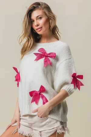 KELEY Pink and Bow Sequin Bow Puff Sleeve Sweater