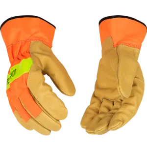 Kinco 1918 Hi-vis Nylon Fabric Back Safety Cuff Grain Pigskin Palm Gloves (One Dozen)