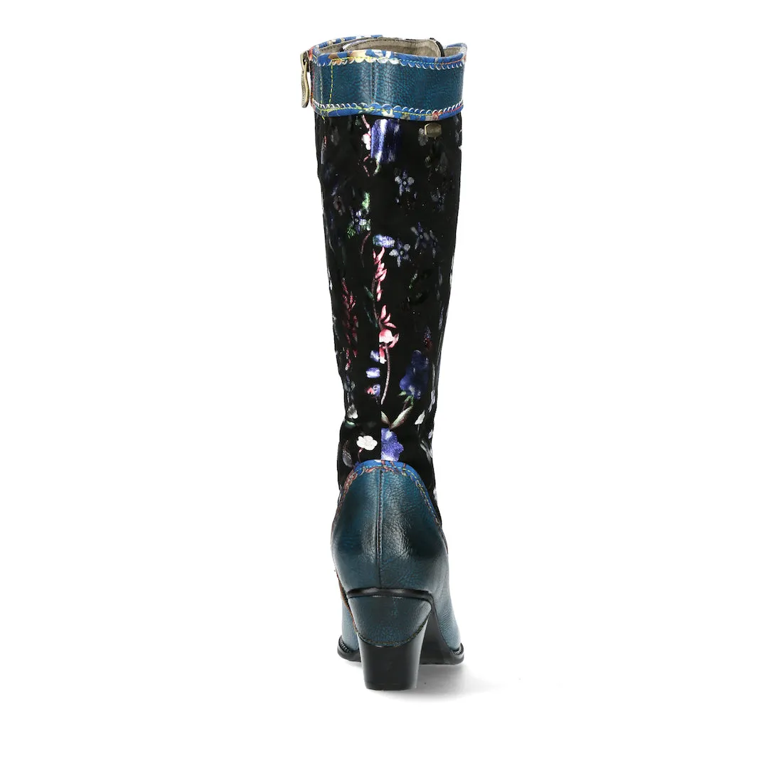 Laura Vita Alcizeeo 180 Ladies Blue Leather & Textile Zip & Lace Knee High Boots