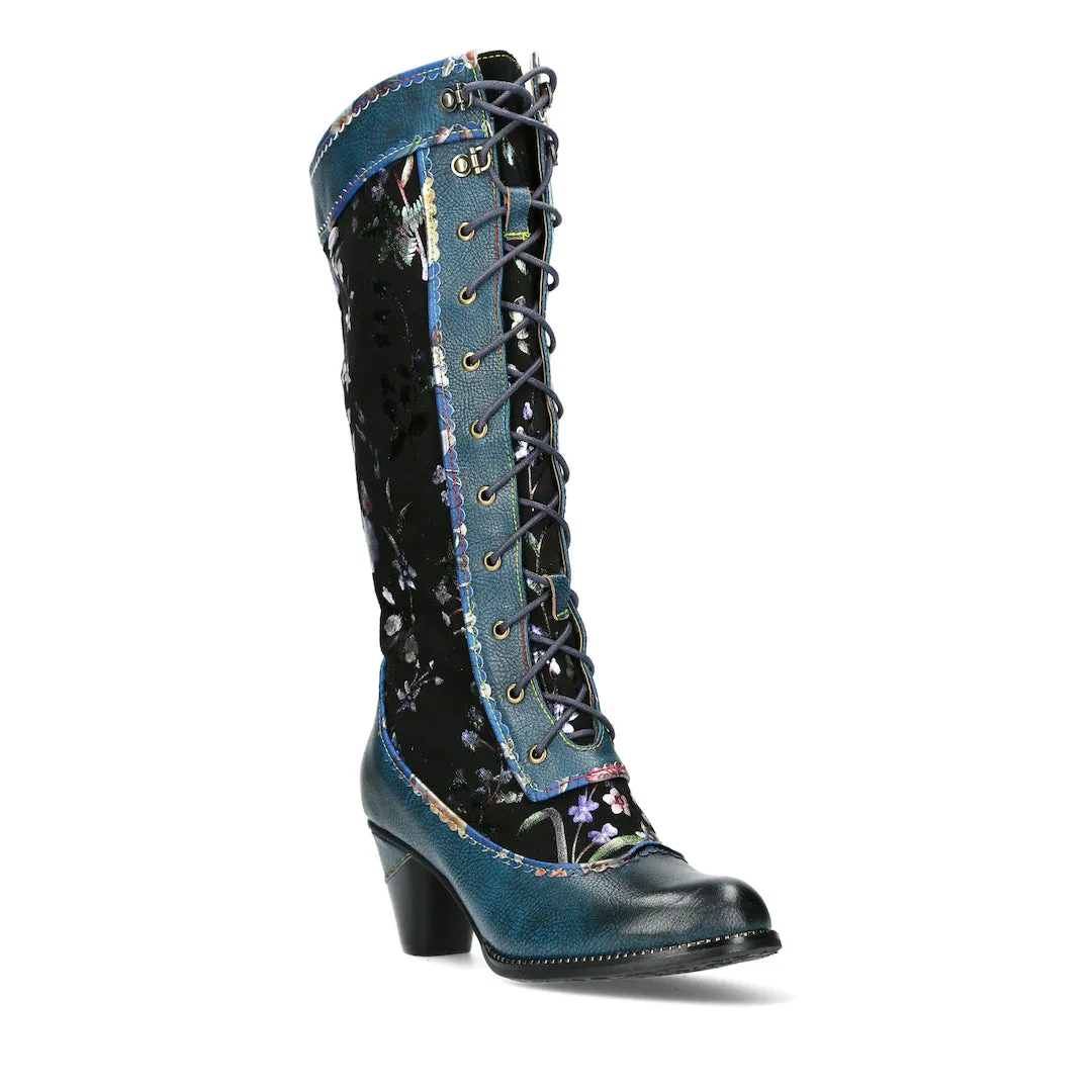 Laura Vita Alcizeeo 180 Ladies Blue Leather & Textile Zip & Lace Knee High Boots