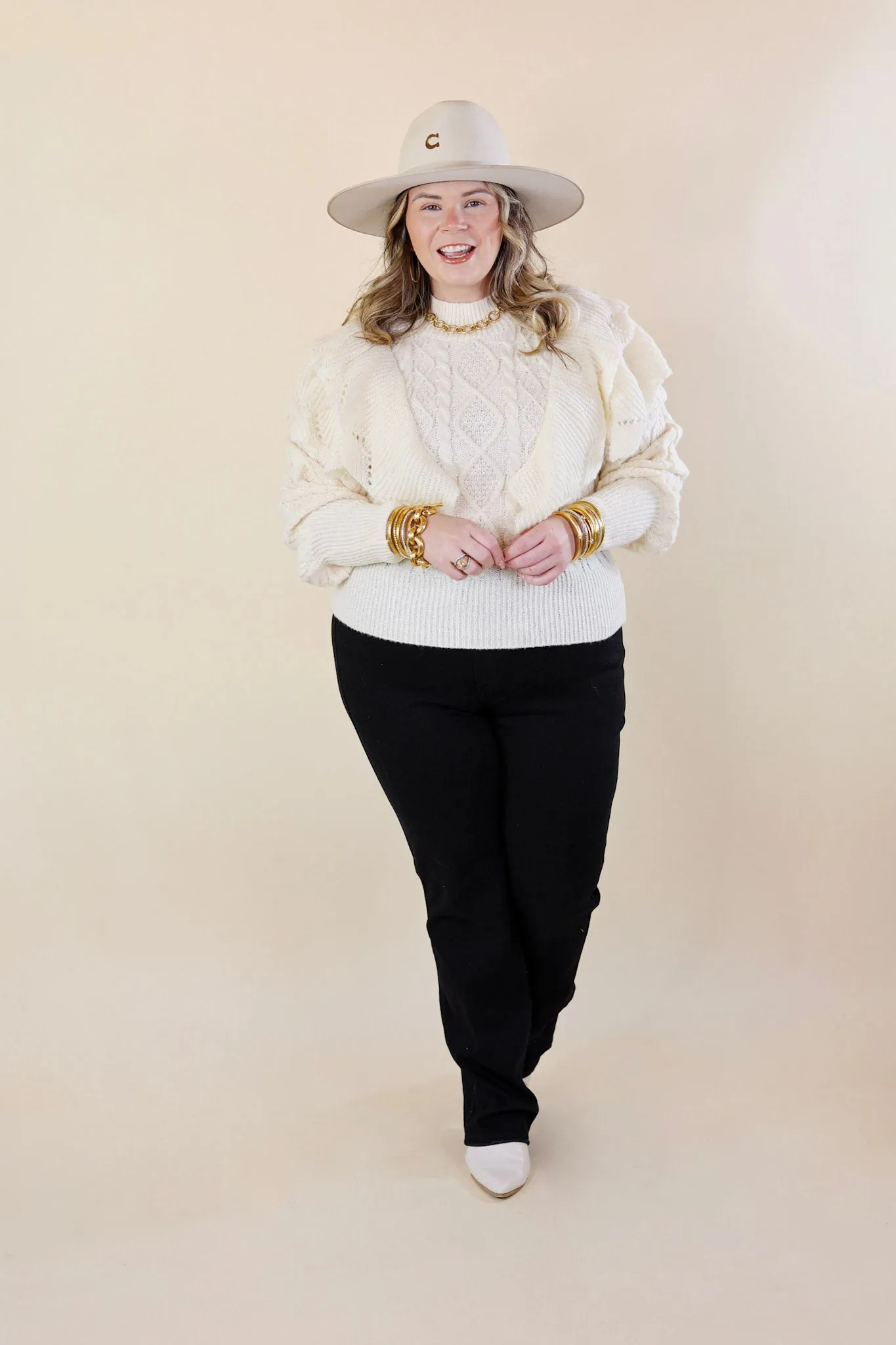 Lovely And Luxe Ruffle Shoulder Sweater in Ivory