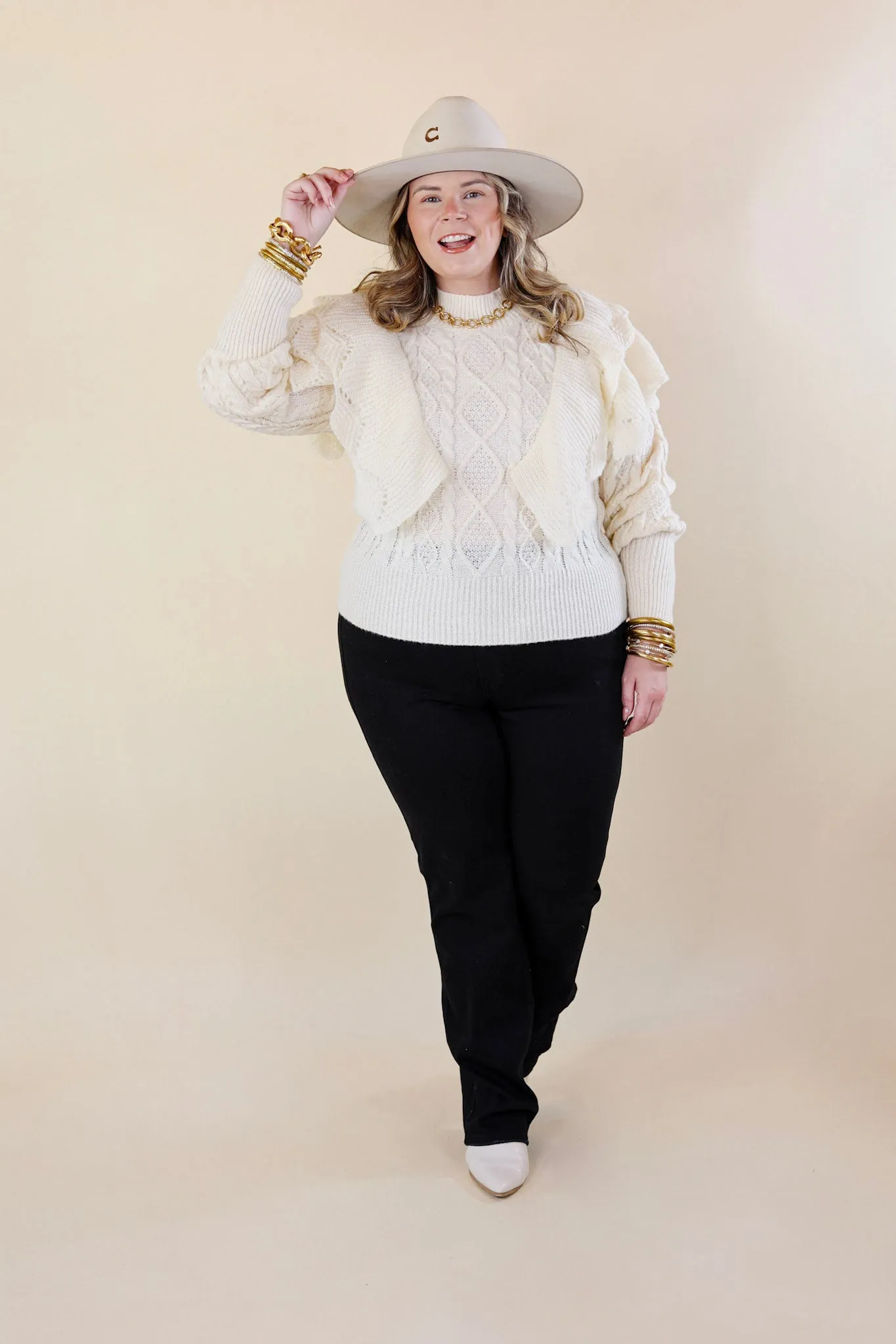 Lovely And Luxe Ruffle Shoulder Sweater in Ivory