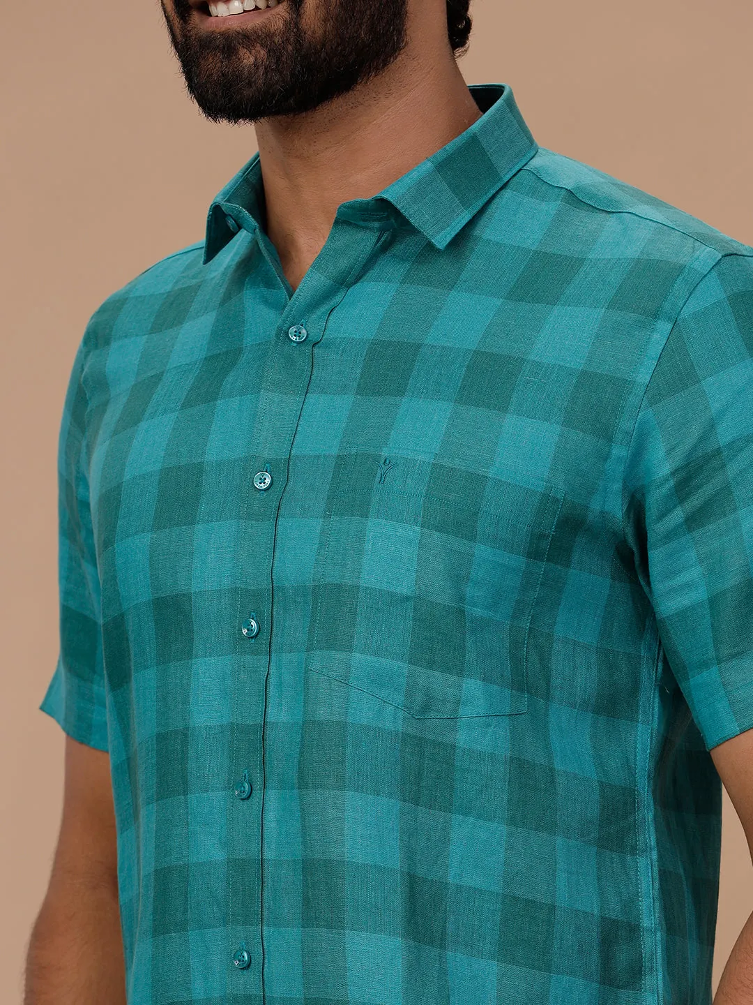 Men Pure Linen Checked Shirt Green - LS78