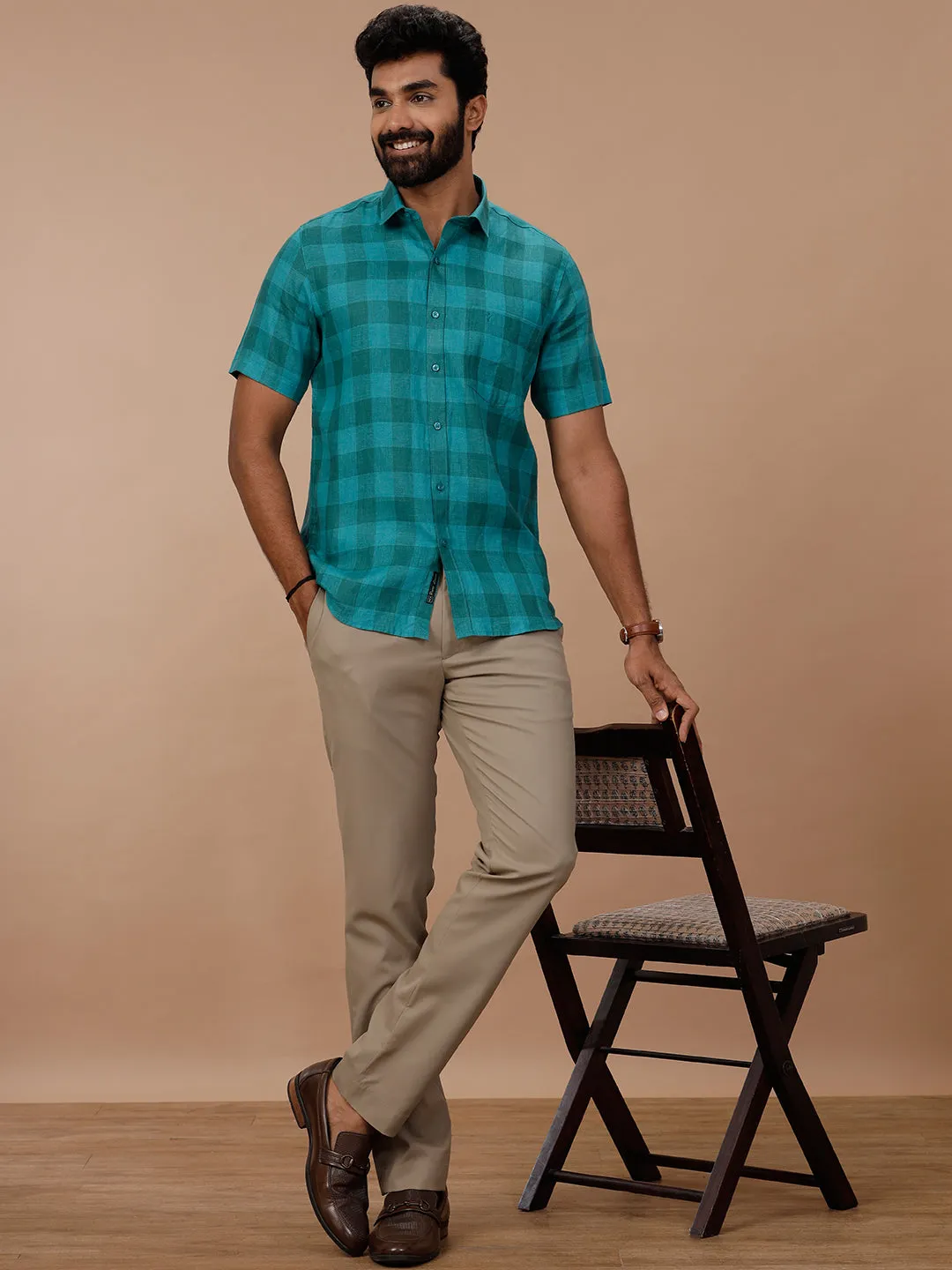 Men Pure Linen Checked Shirt Green - LS78