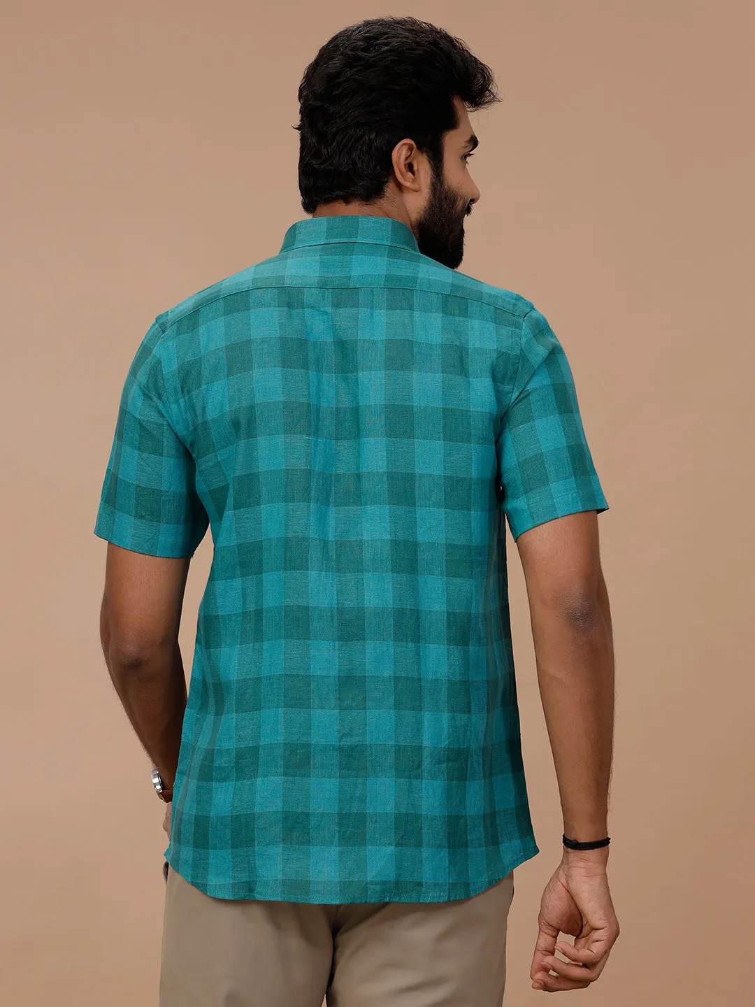 Men Pure Linen Checked Shirt Green - LS78