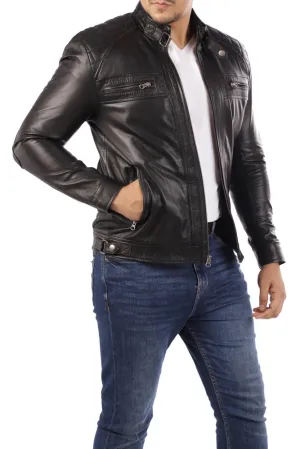 Men's Casual Signature Diamond Lambskin Leather Jacket-Black