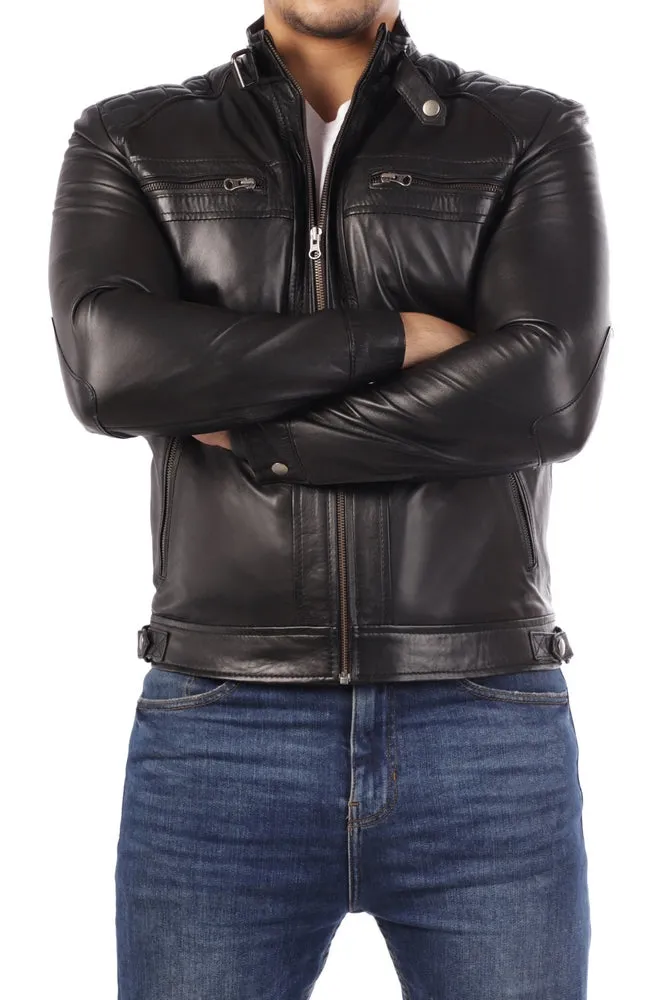 Men's Casual Signature Diamond Lambskin Leather Jacket-Black