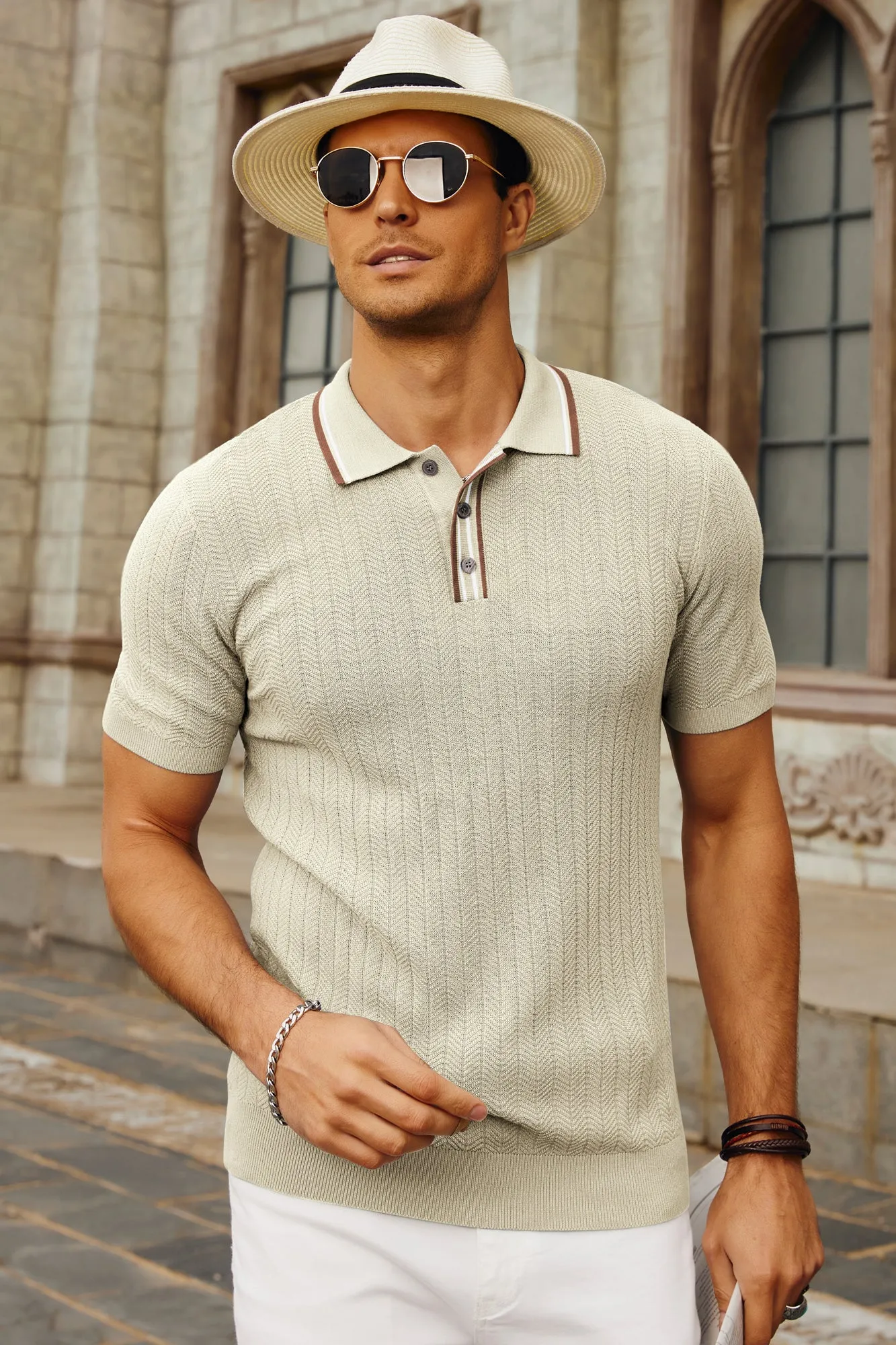 Mens Knitted Polo Shirts Short Sleeve Textured Pullover Golf Polo Pullover T Shirts