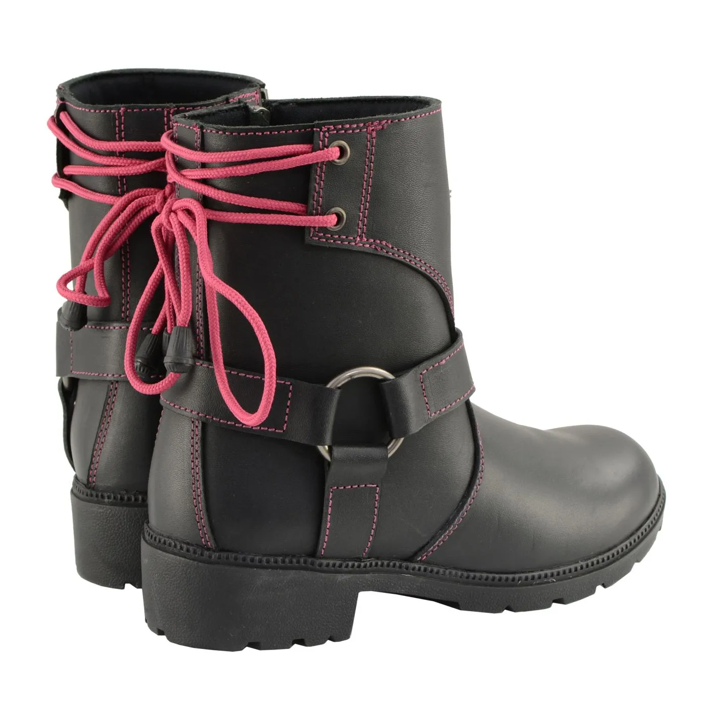 Milwaukee Leather MBL9318 Women's Black Leather Harness Zip-Up Motorcycle Rider Boots w/ Pink Back Laces