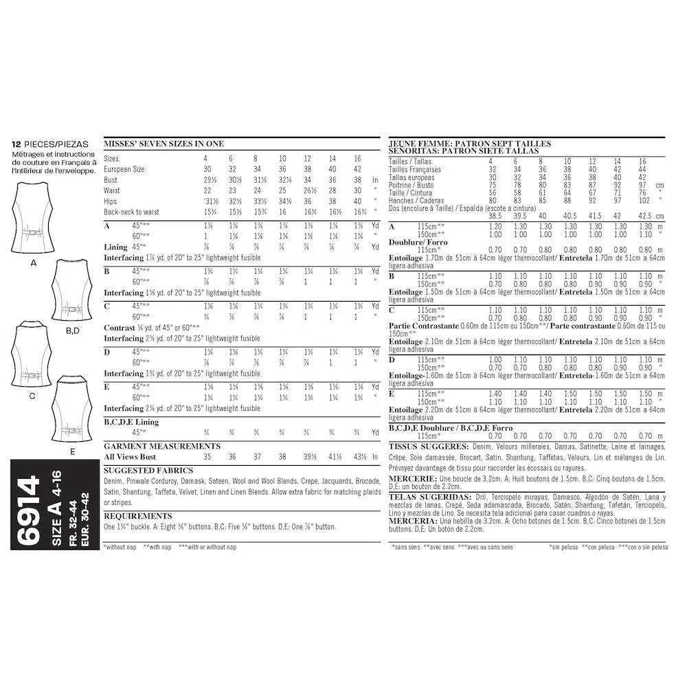 Newlook Pattern 6914 Misses' Lined Vest