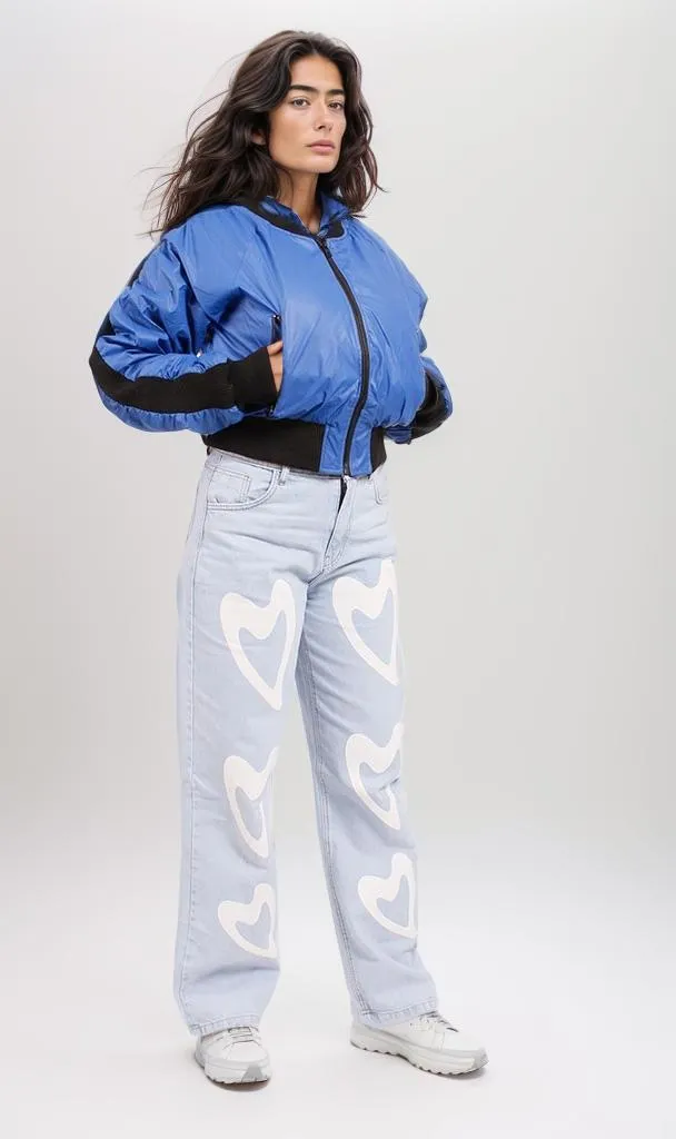 o200570-BOMBER JACKET WITH CONTRAST SLEEVES - BLUE & BLACK