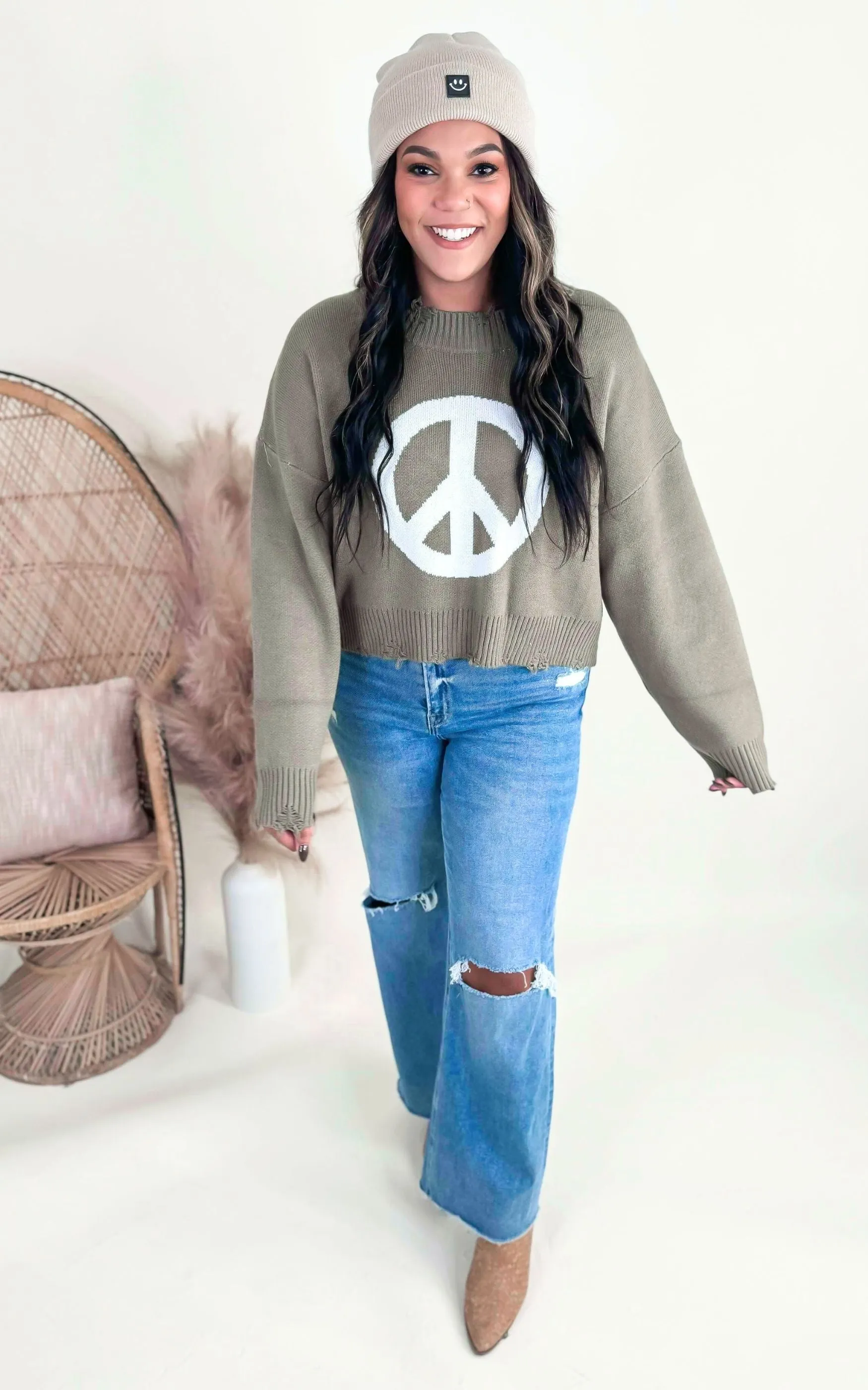 Olive Peace Sign Sweater