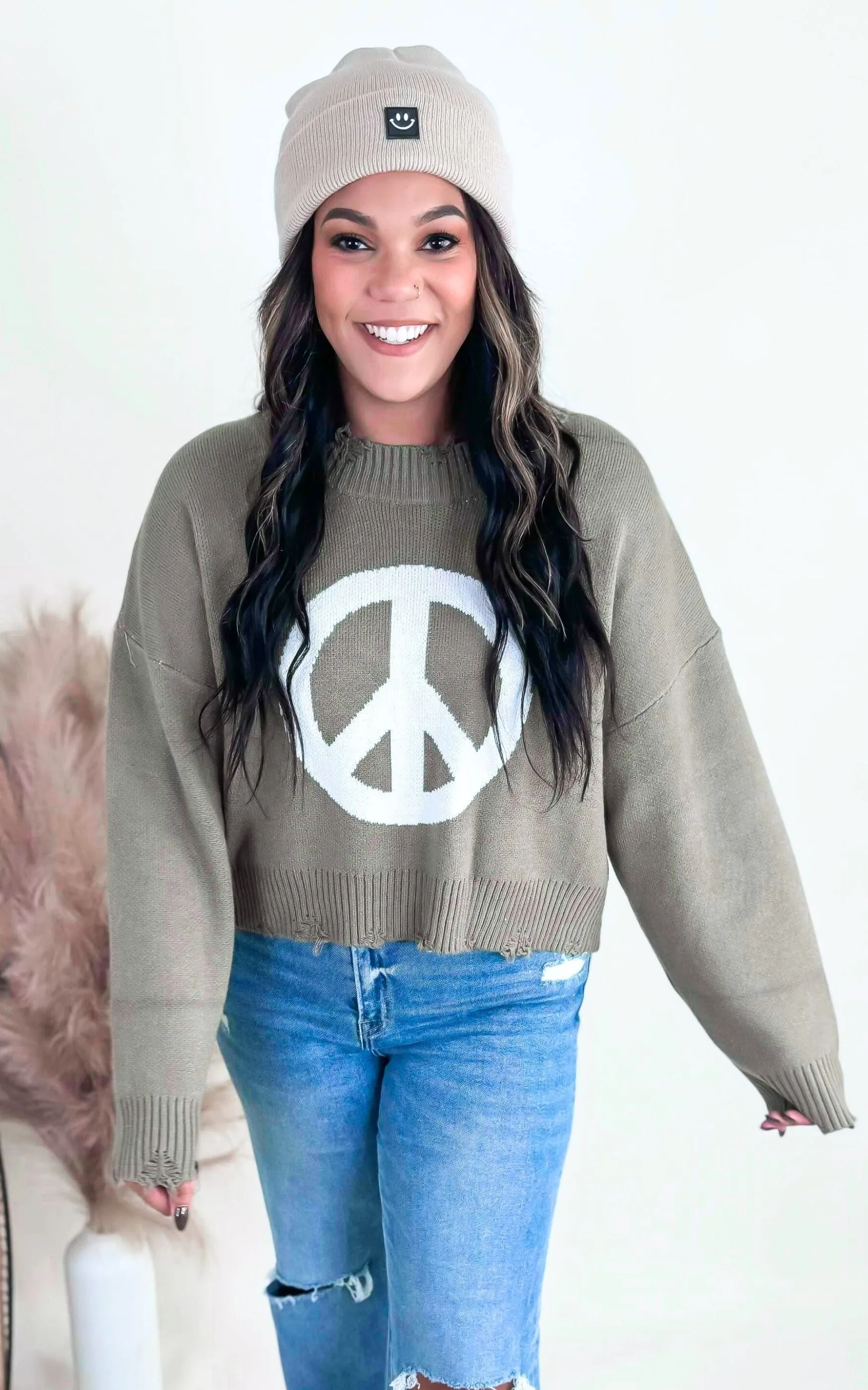 Olive Peace Sign Sweater