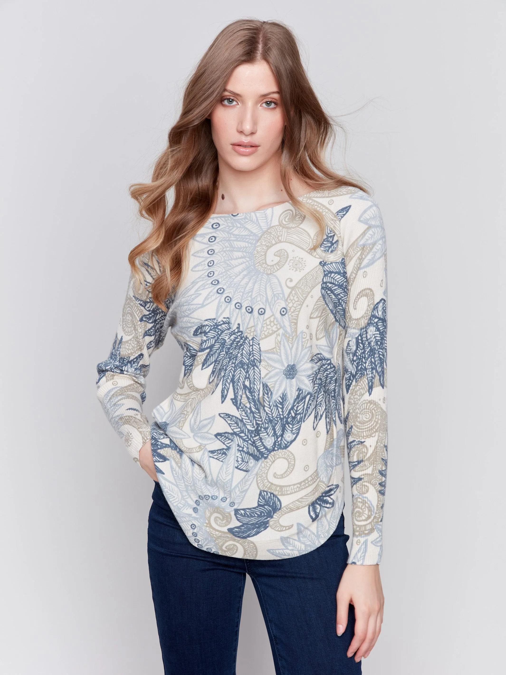 Printed Plush Knit Sweater - Feather