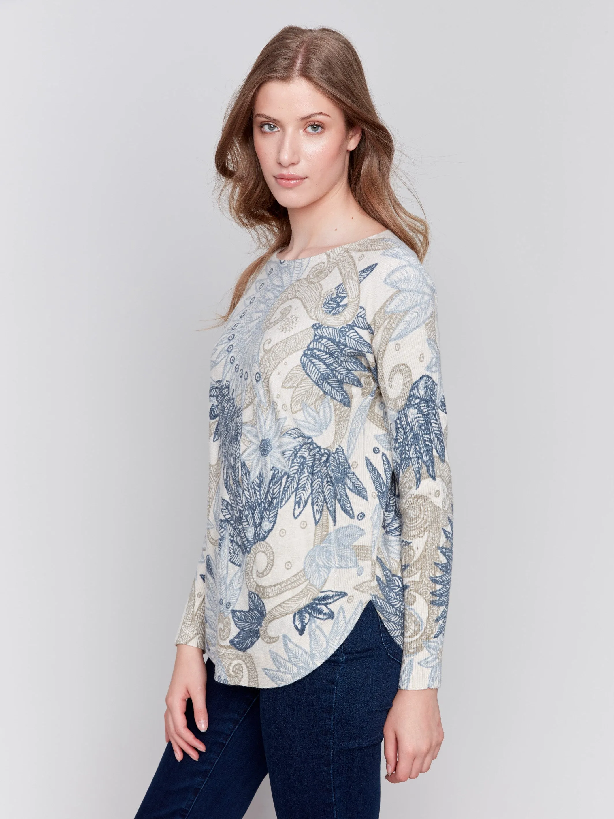 Printed Plush Knit Sweater - Feather